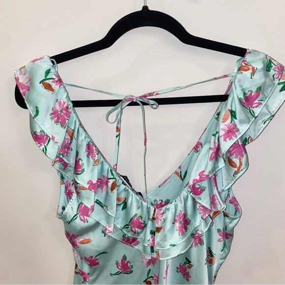Zara Style 2157 / 046 Mint Green Pink Floral Ruffle Satin Slit Midi Dress Small - Picture 11 of 16